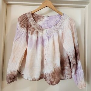 Lucky Brand Los Angeles Embroidered Tie-Dyed Peasant Top Shirt Lilac Multi Small